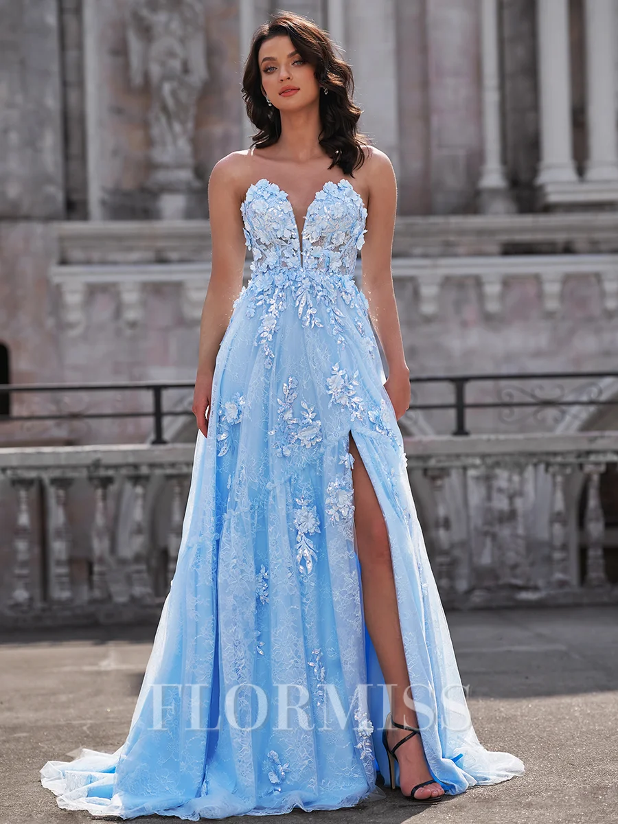 A-line Sweetheart Appliques Lace Sweep Train Tulle Corset Dress