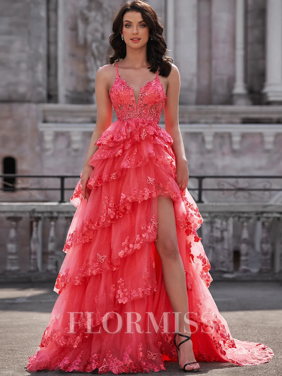 A-line V-neck Appliques Lace Court Train Tulle Corset Dress