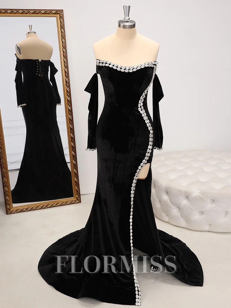 Sheath Straight Long Sleeves Rhinestone Sweep Train Velvet Dress