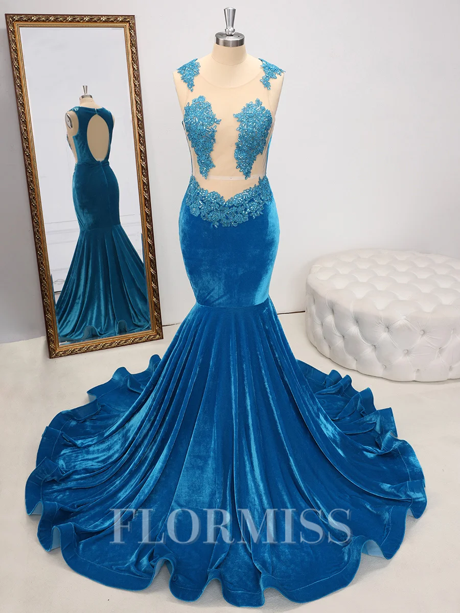 Mermaid Scoop Appliques Lace Sweep Train Velvet Dress