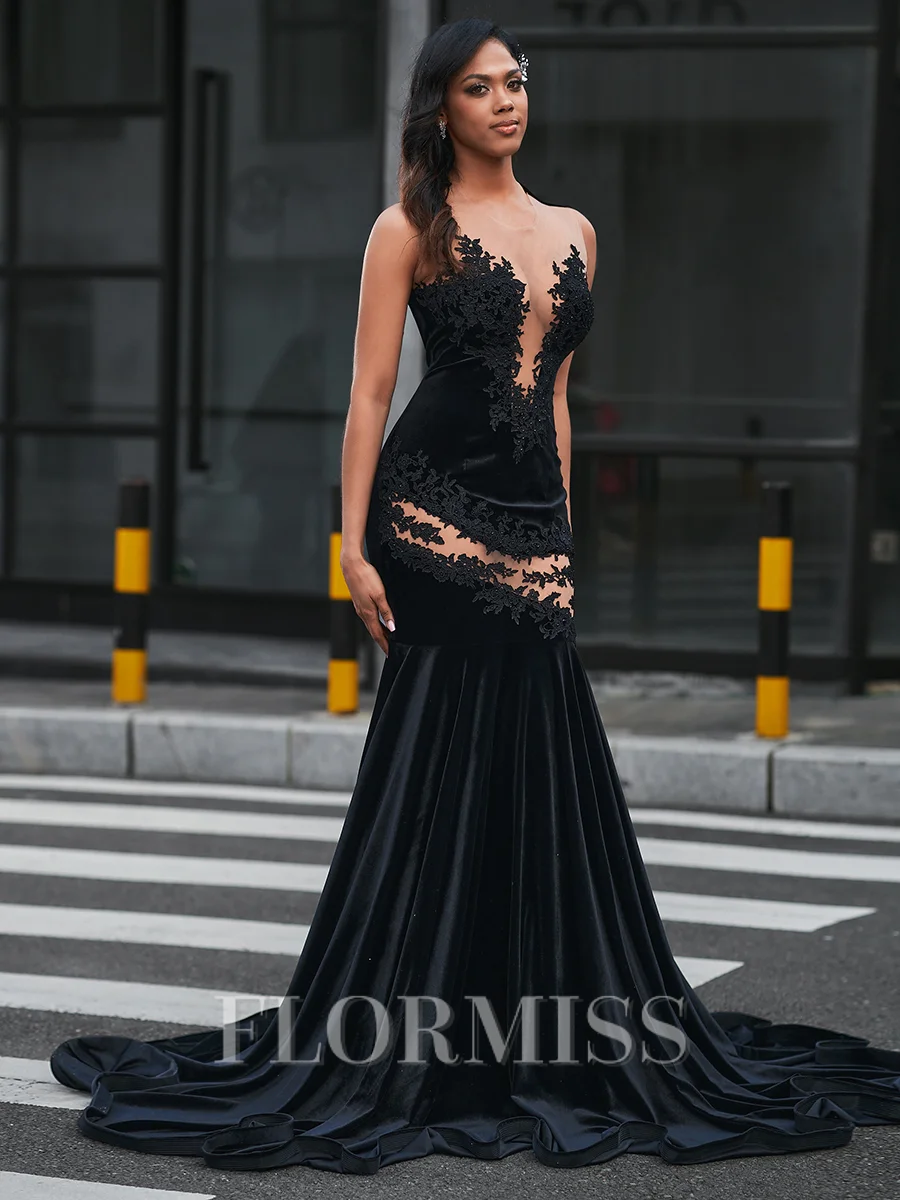 Mermaid Scoop Appliques Lace Sweep Train Velvet Dress