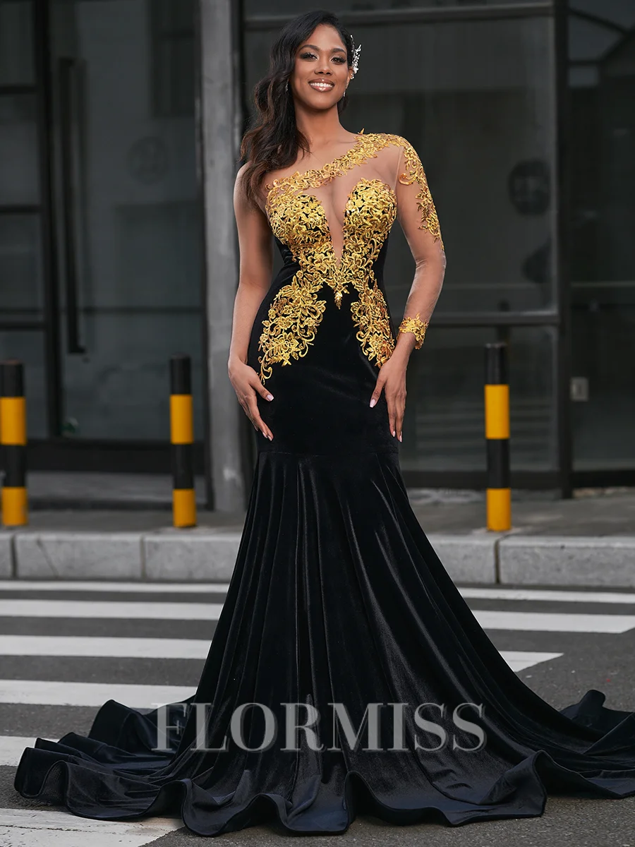 Mermaid One-Shoulder Long Sleeves Appliques Lace Floor-Length Velvet Dress