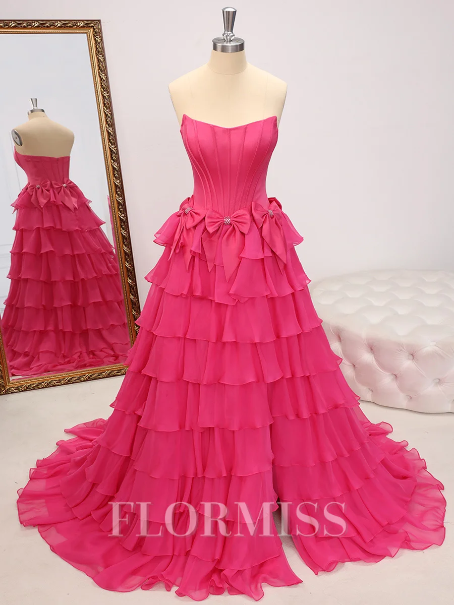 A-line Straight Bow Sweep Train 30D Chiffon Corset Dress