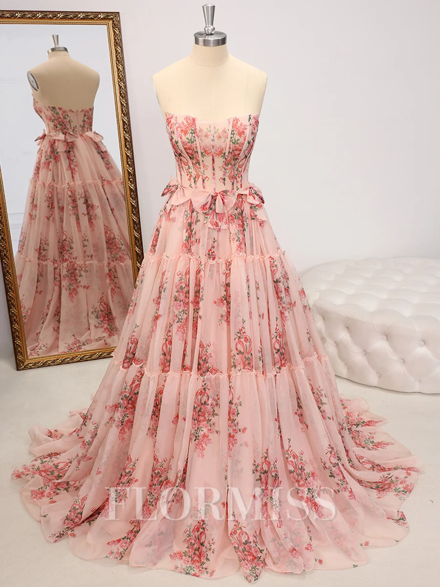 A-line Straight Bow Sweep Train Corset Dress