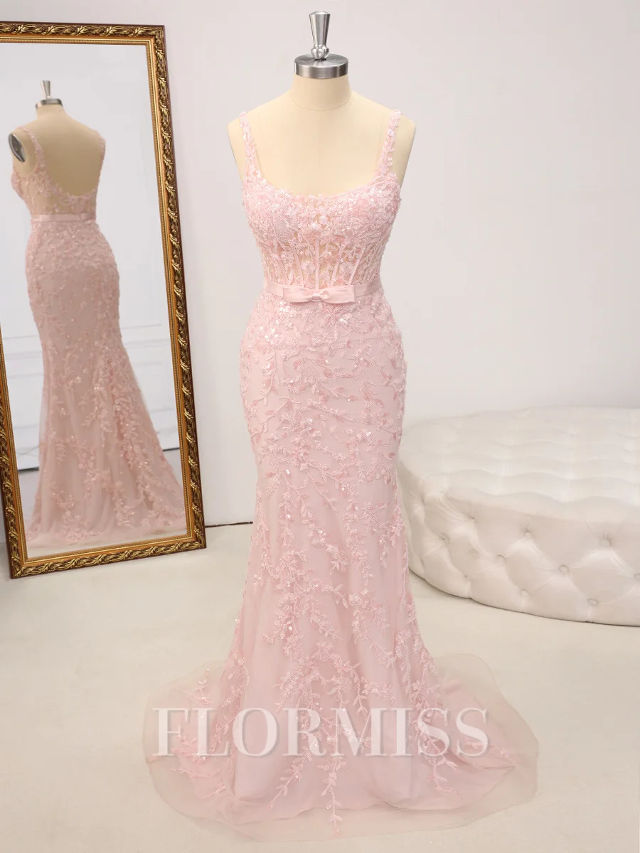 Sheath Straps Appliques Lace Sweep Train Tulle Corset Dress