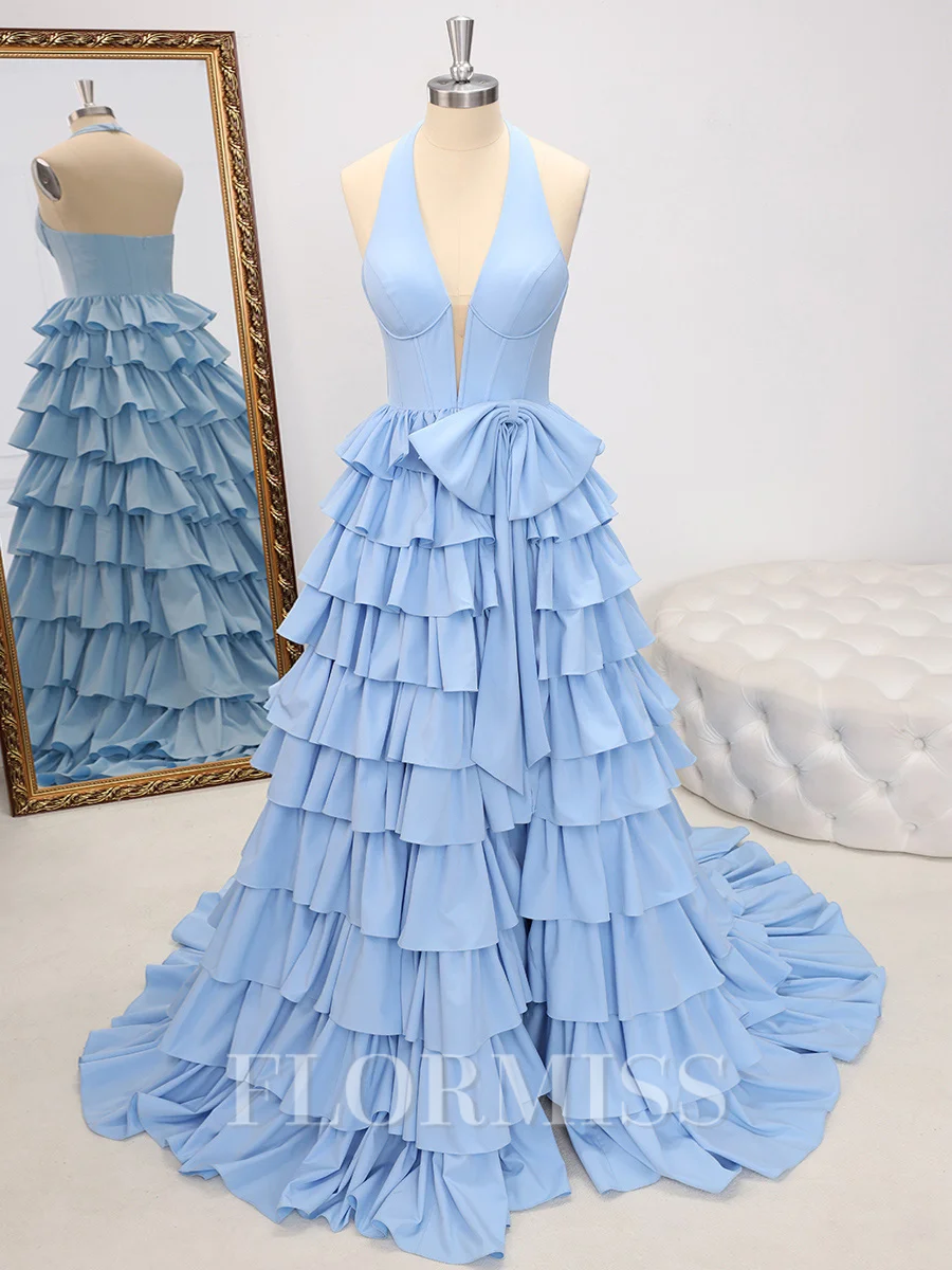 A-line Halter Bow Sweep Train Corset Dress