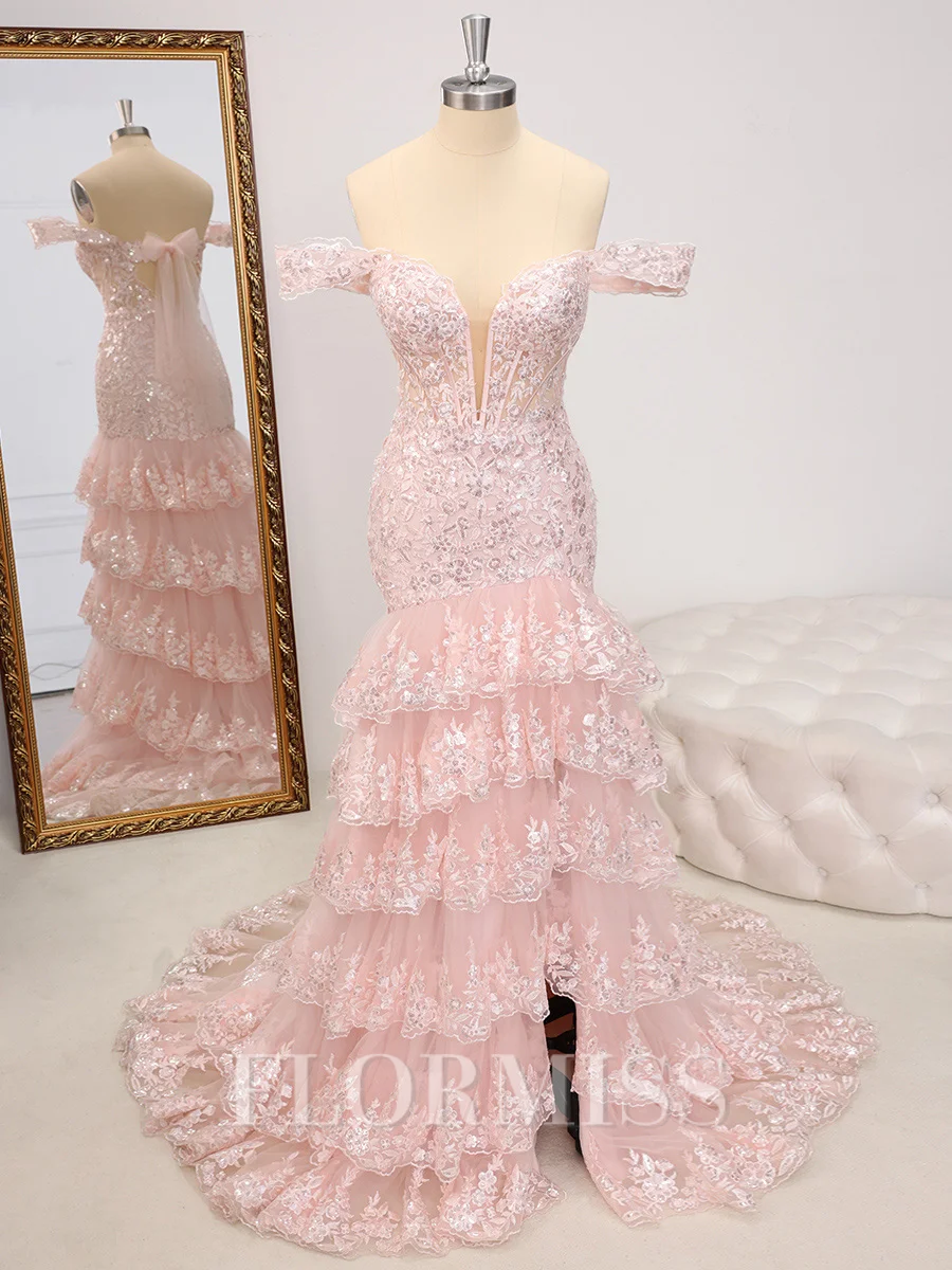 Sheath Off-the-Shoulder Appliques Lace Sweep Train Tulle Corset Dress