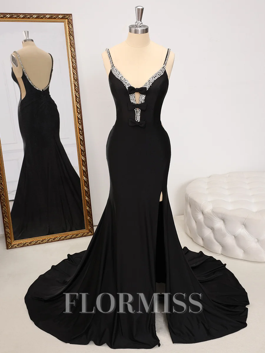 Sheath V-neck Bow Sweep Train Jersey Dress