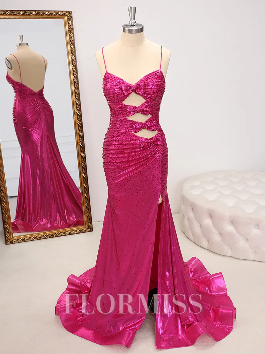 Sheath V-neck Bow Sweep Train Metallic Satin Dress