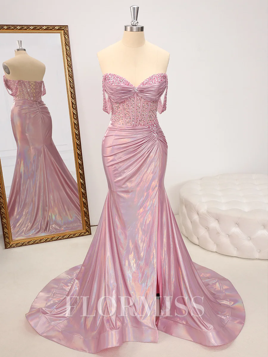 Sheath Off-the-Shoulder Rhinestone Sweep Train Metallic Satin Corset Dress