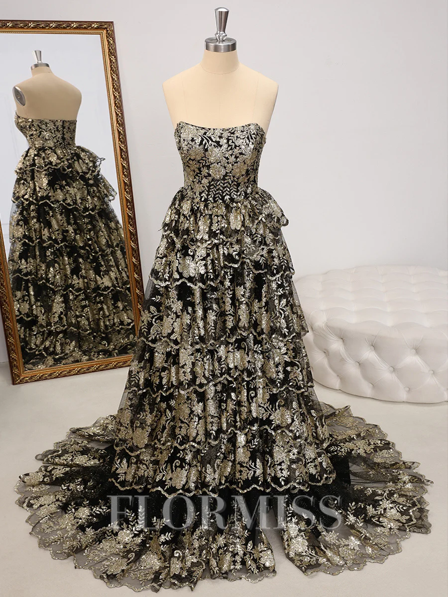 A-line Straight Appliques Lace Sweep Train Tulle Dress