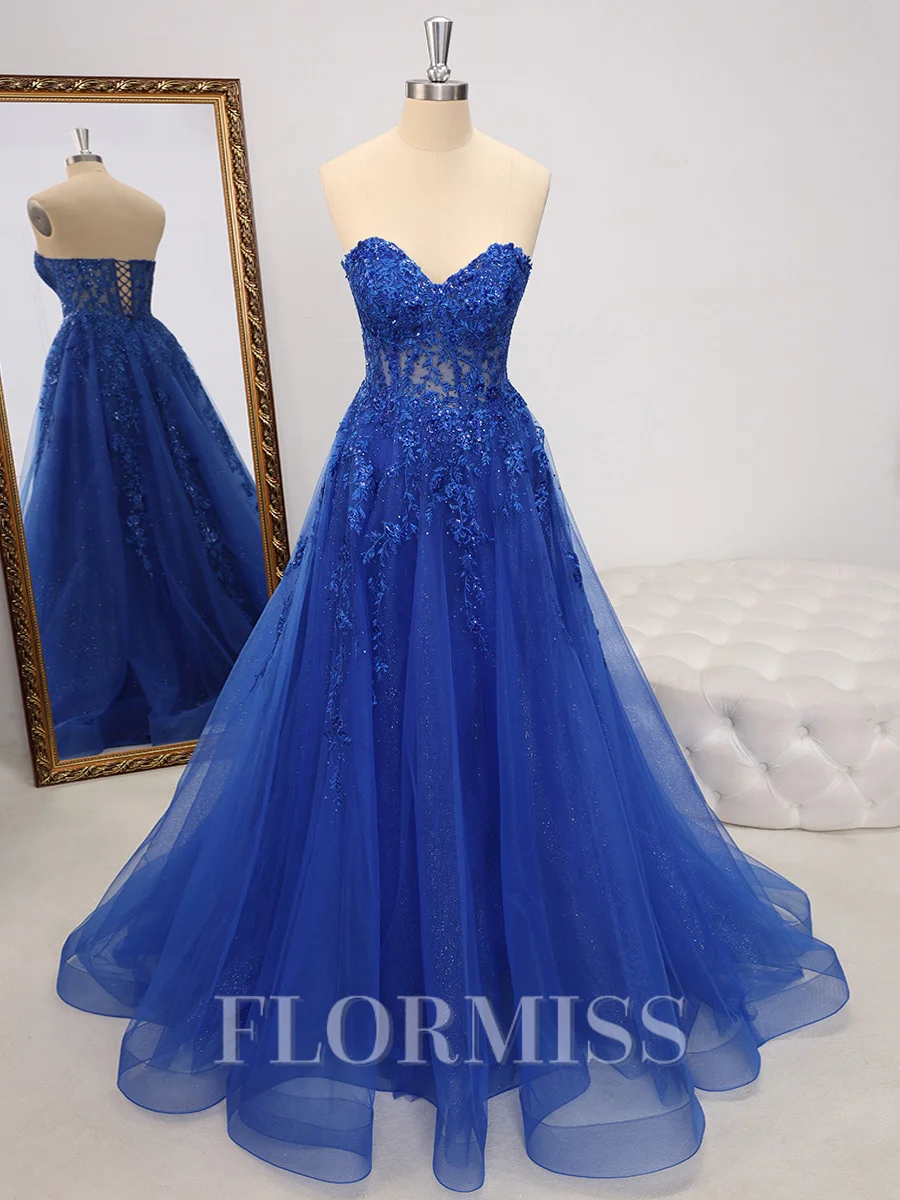 A-line Sweetheart Appliques Lace Sweep Train Tulle Corset Dress