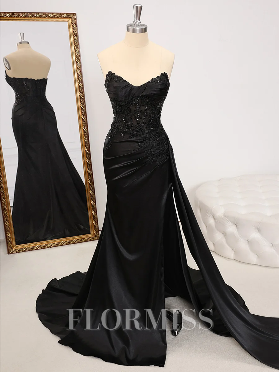 Sheath Sweetheart Appliques Lace Sweep Train Silk Like Satin Corset Dress