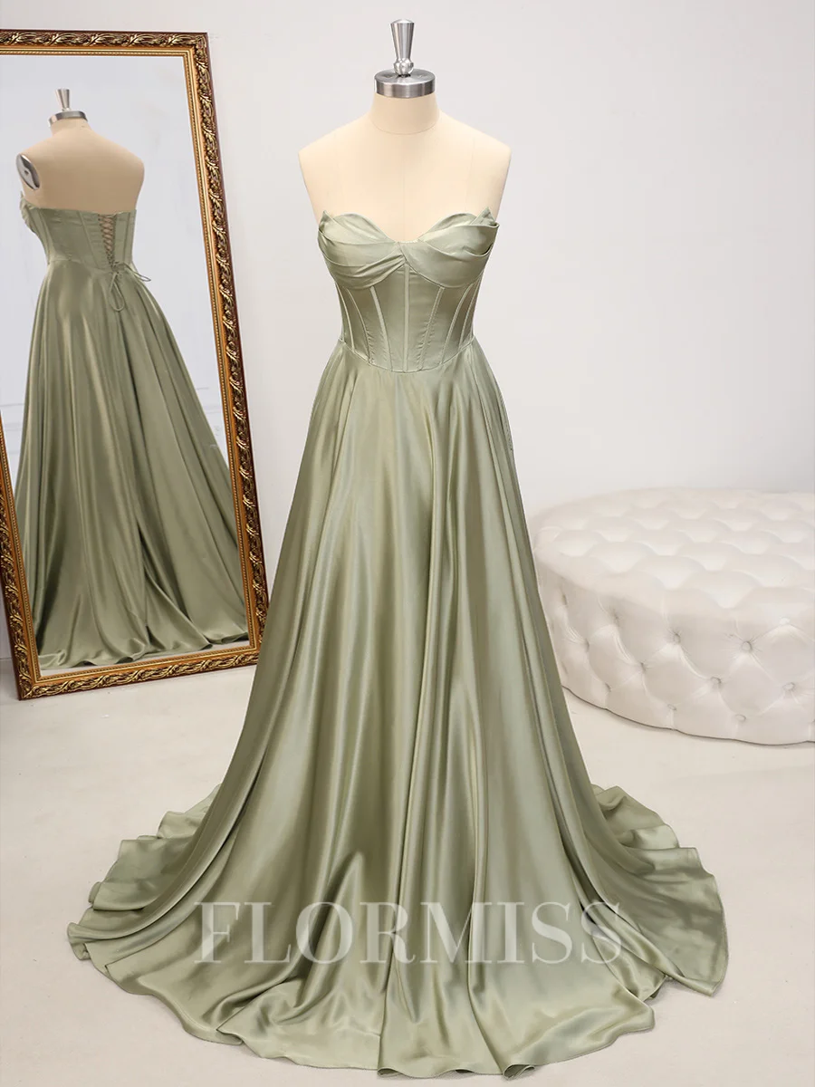 A-line Sweetheart Pleated Floor-Length Silk Like Satin Corset Dress