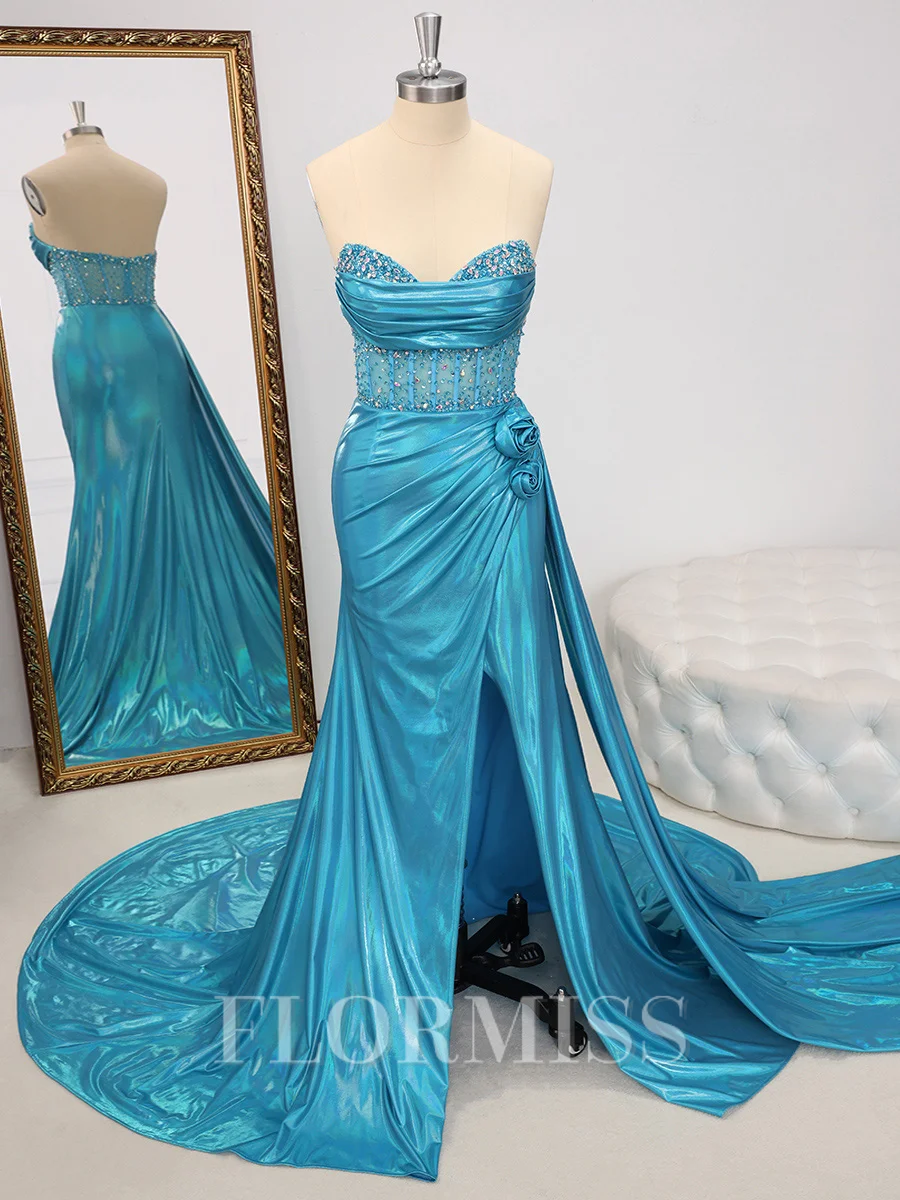 Sheath Sweetheart Beading Court Train Metallic Satin Corset Dress