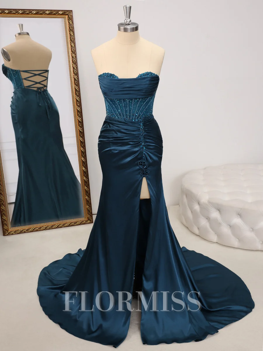 Sheath Sweetheart Pleated Sweep Train Silk Like Satin Corset Dress