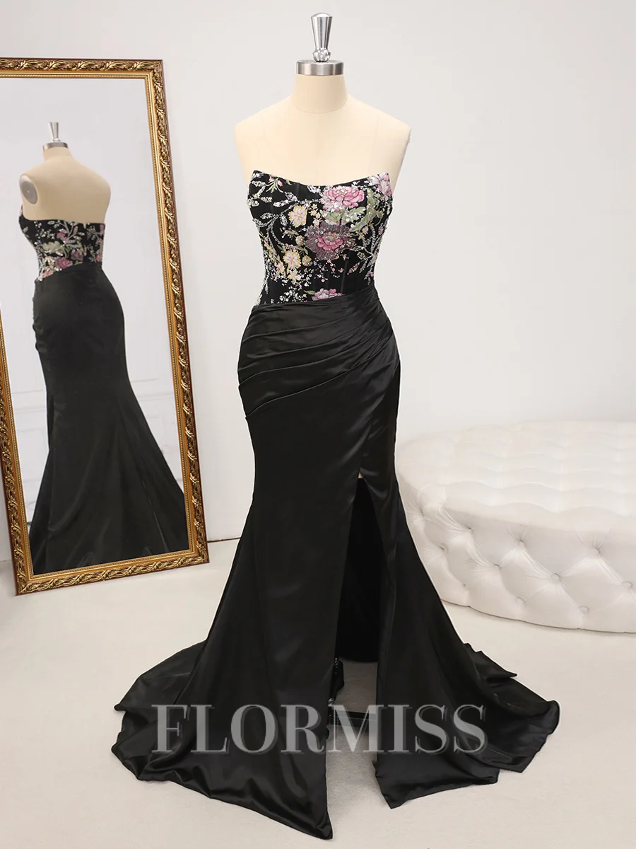 Sheath Straight Appliques Lace Sweep Train Silk Like Satin Dress