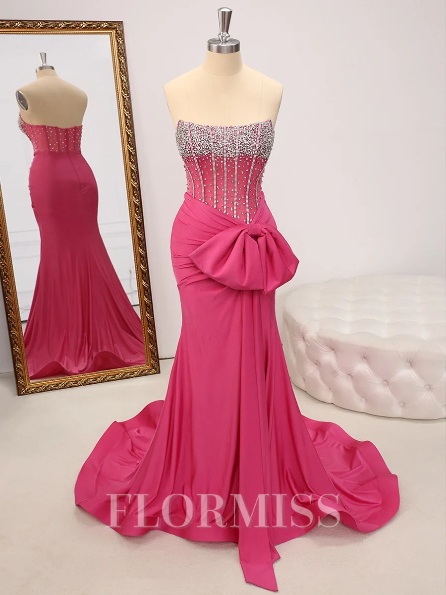 Sheath Straight Bow Sweep Train Jersey Corset Dress