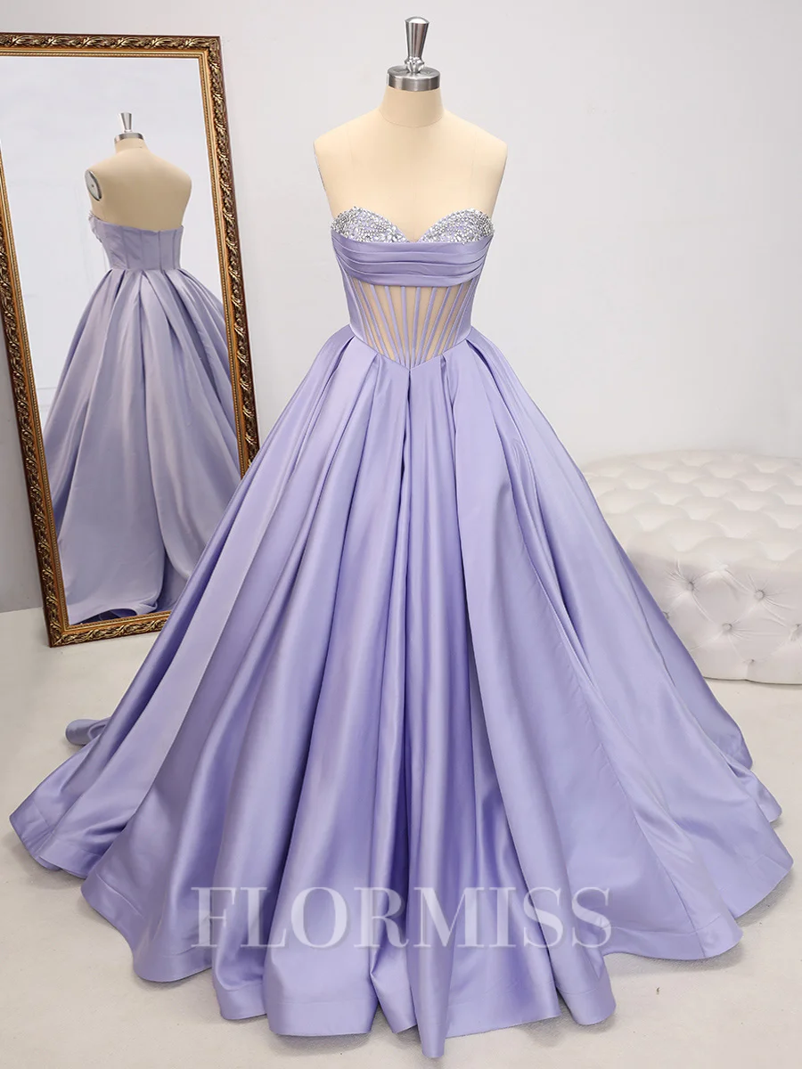 Ball-Gown Sweetheart Rhinestone Sweep Train Satin Corset Dress