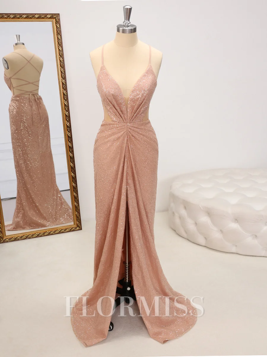 Sheath V-neck Pleated Floor-Length Dress