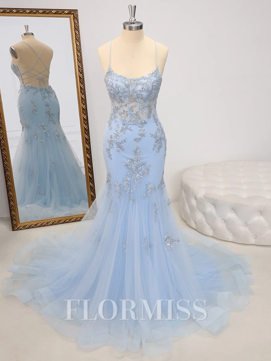 Sheath Spaghetti Straps Appliques Lace Court Train Tulle Corset Dress