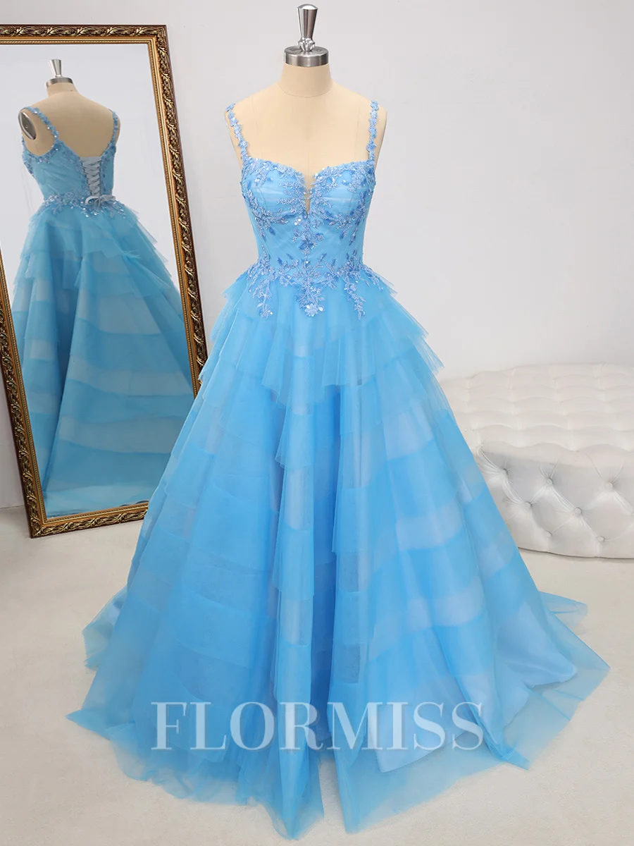 A-line Straps Appliques Lace Sweep Train Tulle Dress