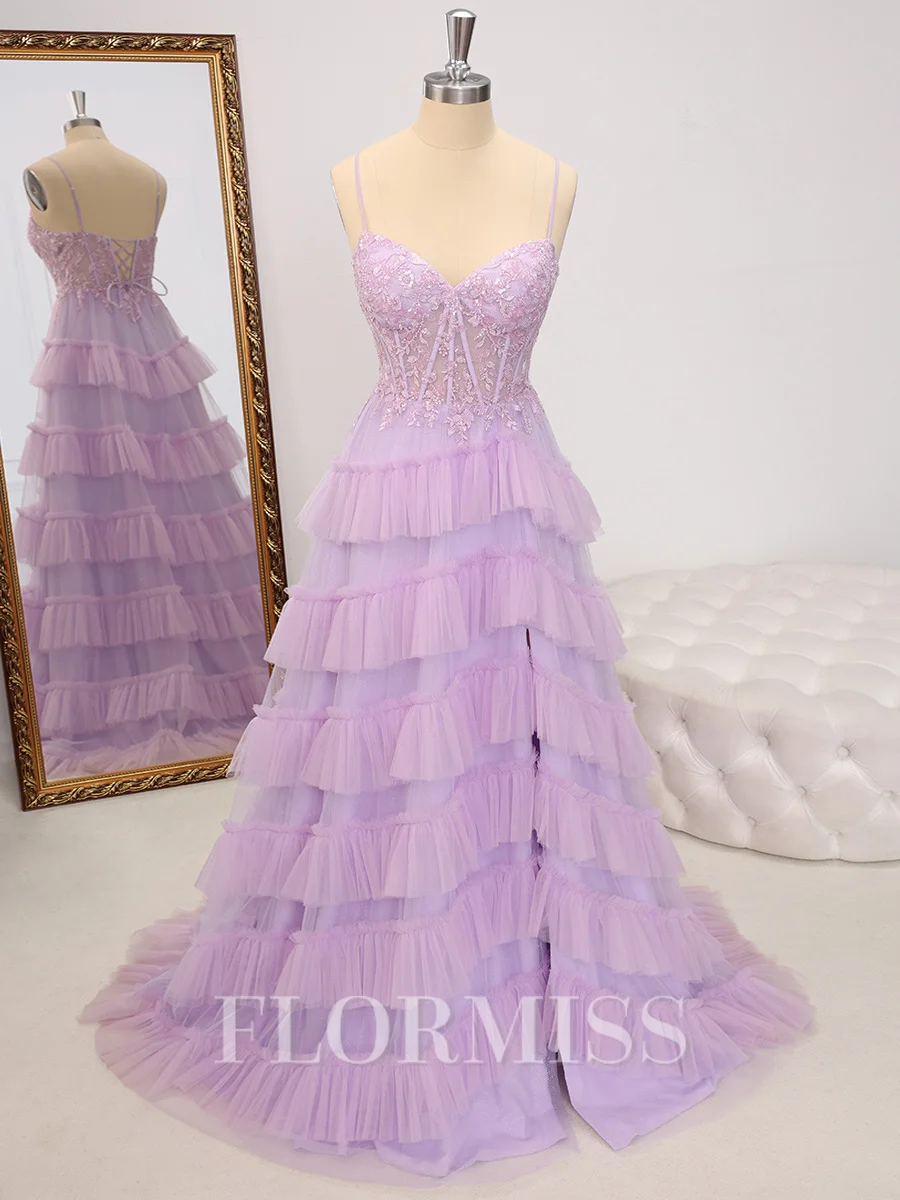 A-line Spaghetti Straps Appliques Lace Sweep Train Tulle Corset Dress