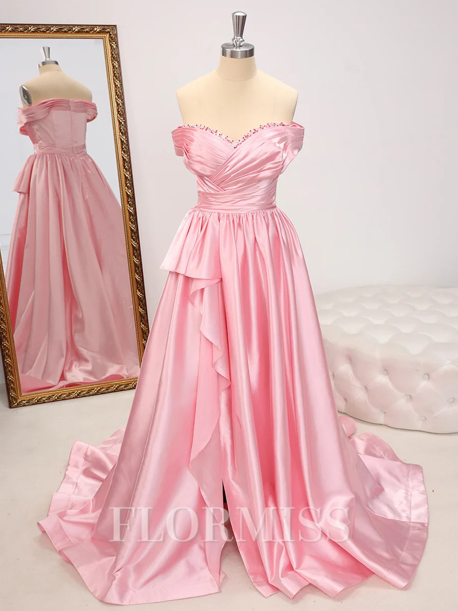 A-line Off-the-Shoulder Ruffles Sweep Train Silk Like Satin Dress