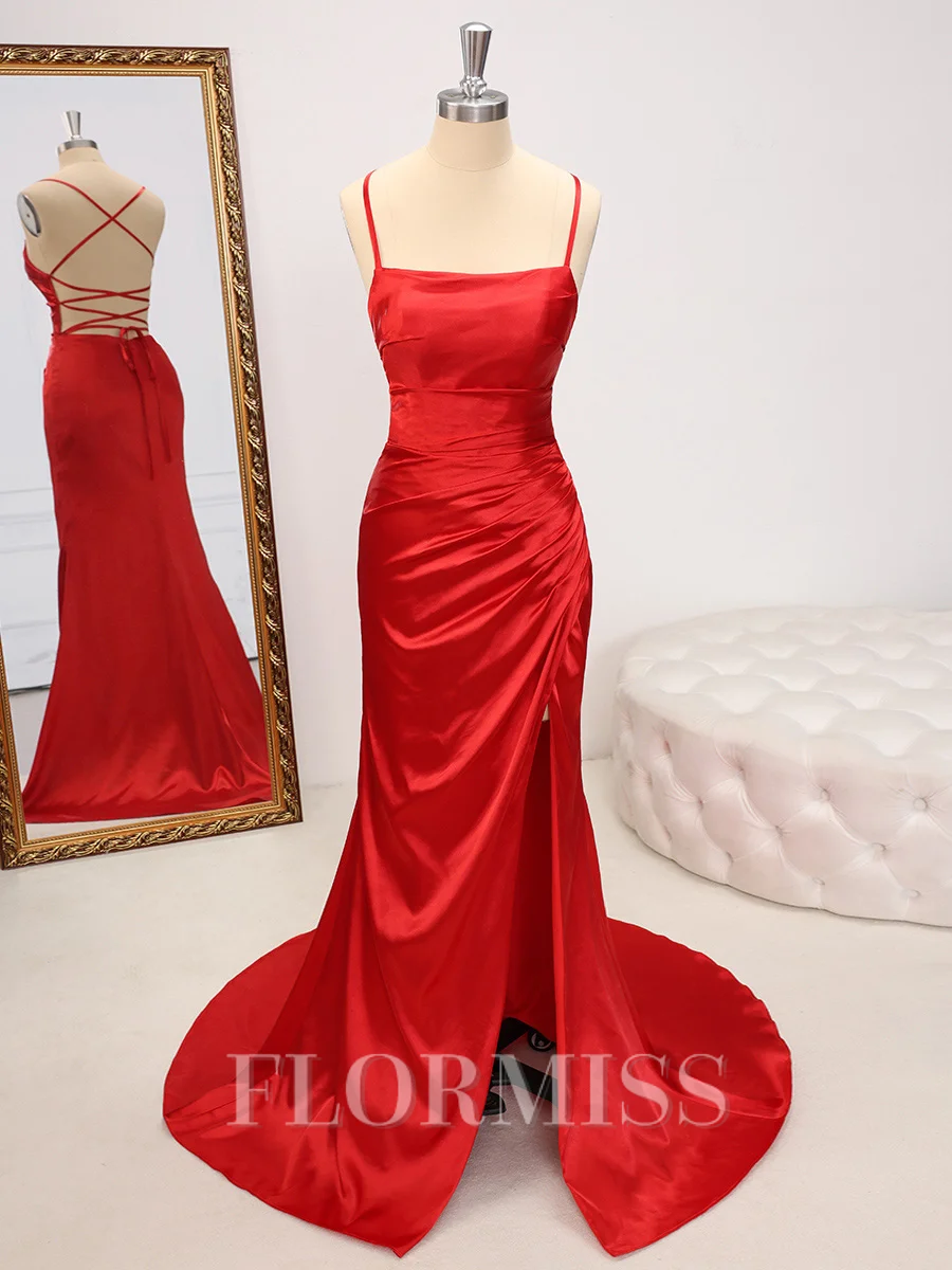 Sheath Spaghetti Straps Pleated Sweep Train Silk Like Satin Dress