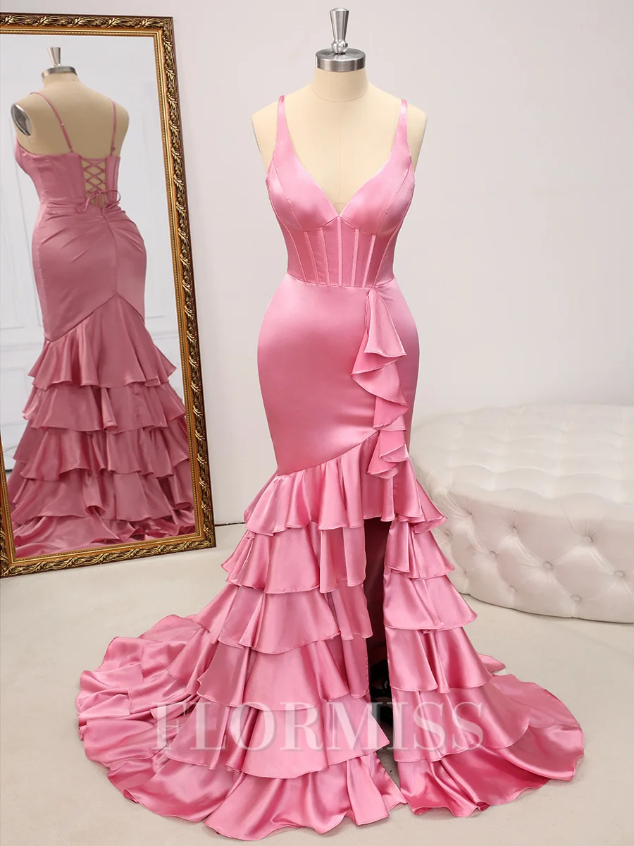 Sheath V-neck Cascading Ruffles Sweep Train Silk Like Satin Corset Dress