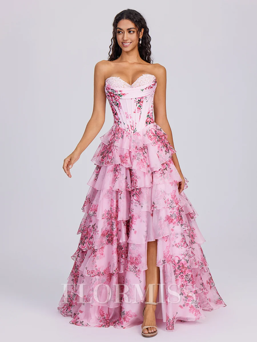 A-line Sweetheart Cascading Ruffles Sweep Train Corset Dress