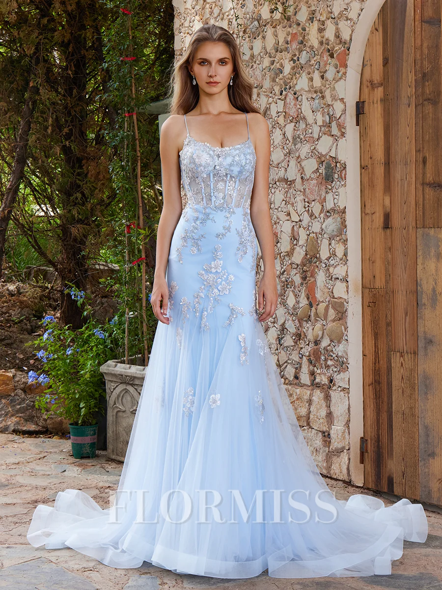 Sheath Spaghetti Straps Appliques Lace Court Train Tulle Corset Dress