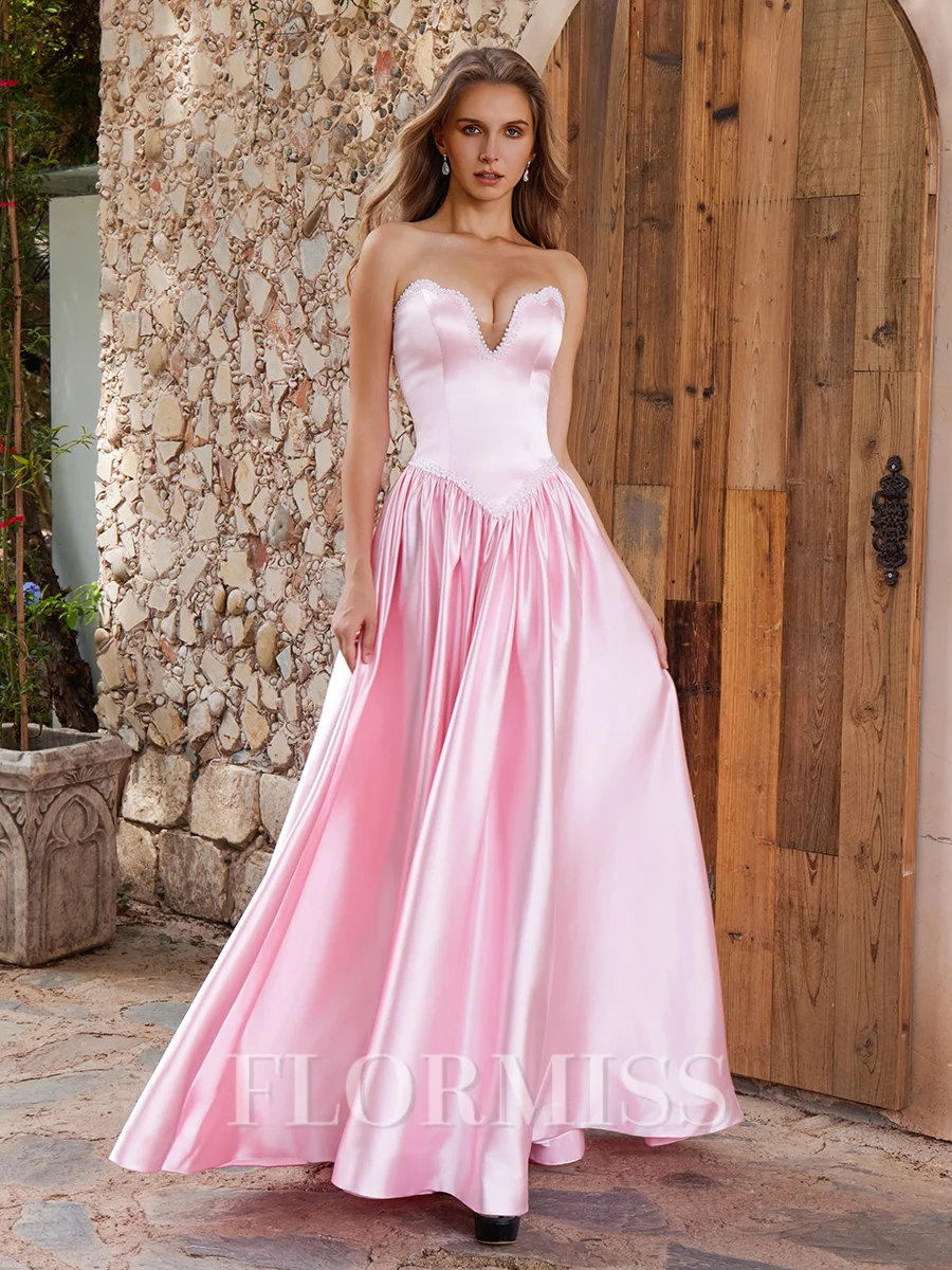 A-line Sweetheart Beading Floor-Length Silk Like Satin Dress