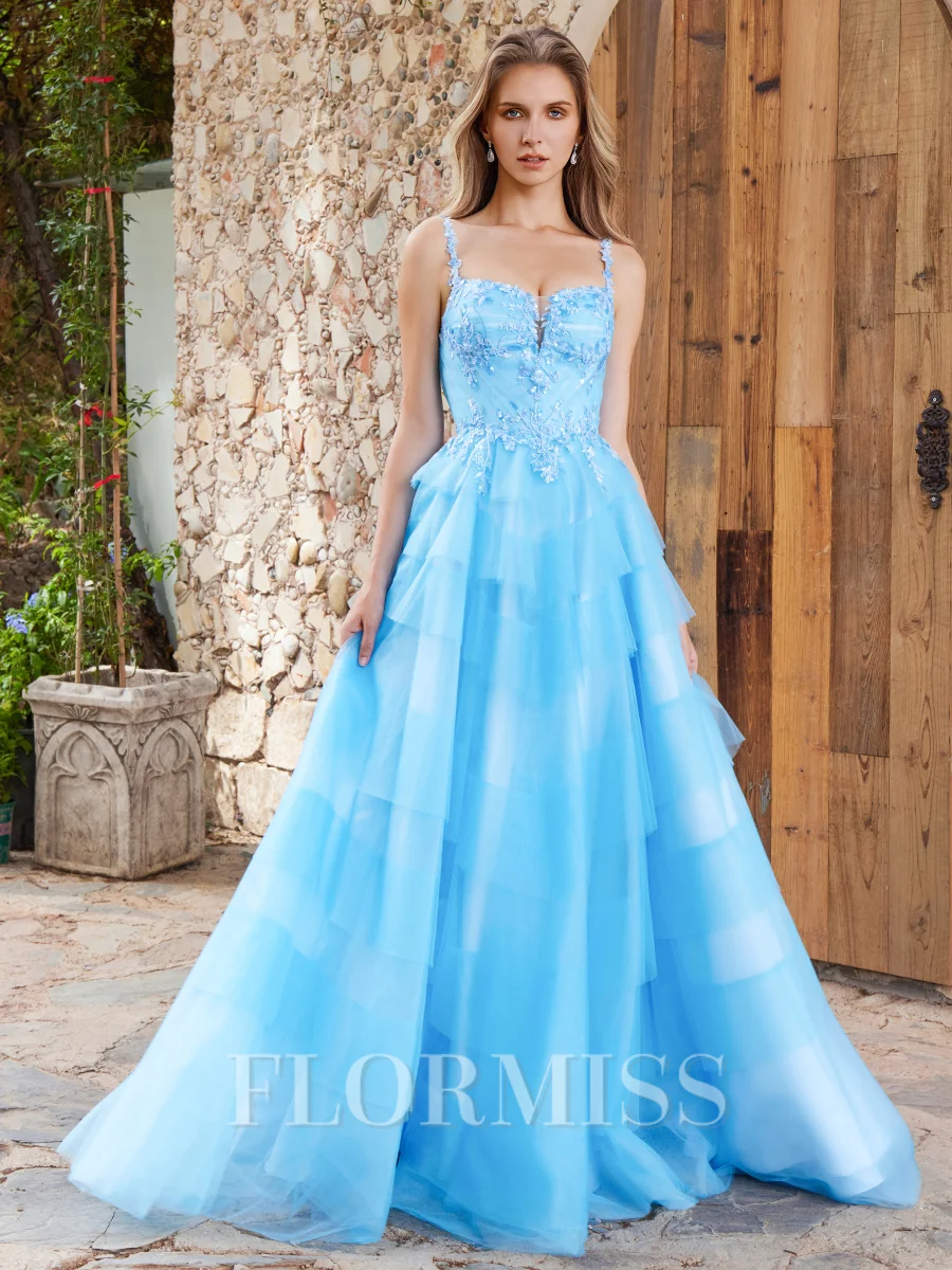 A-line Straps Appliques Lace Sweep Train Tulle Dress