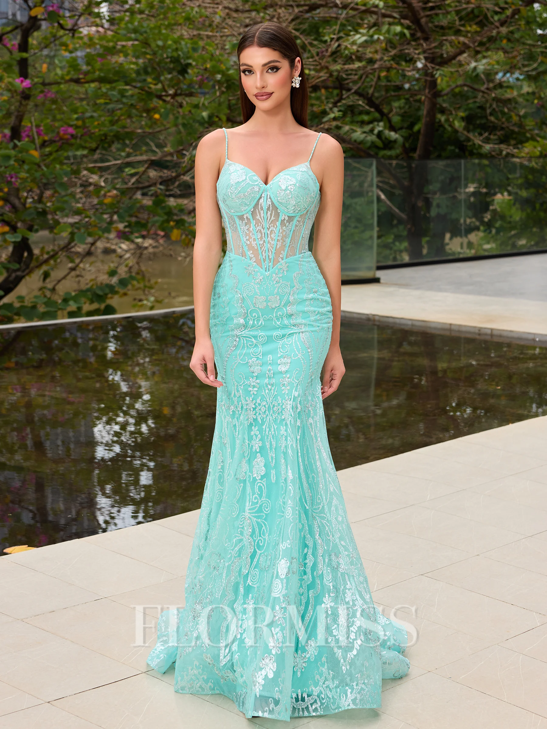 Sheath V-neck Sweep Train Lace Corset Evening Dress