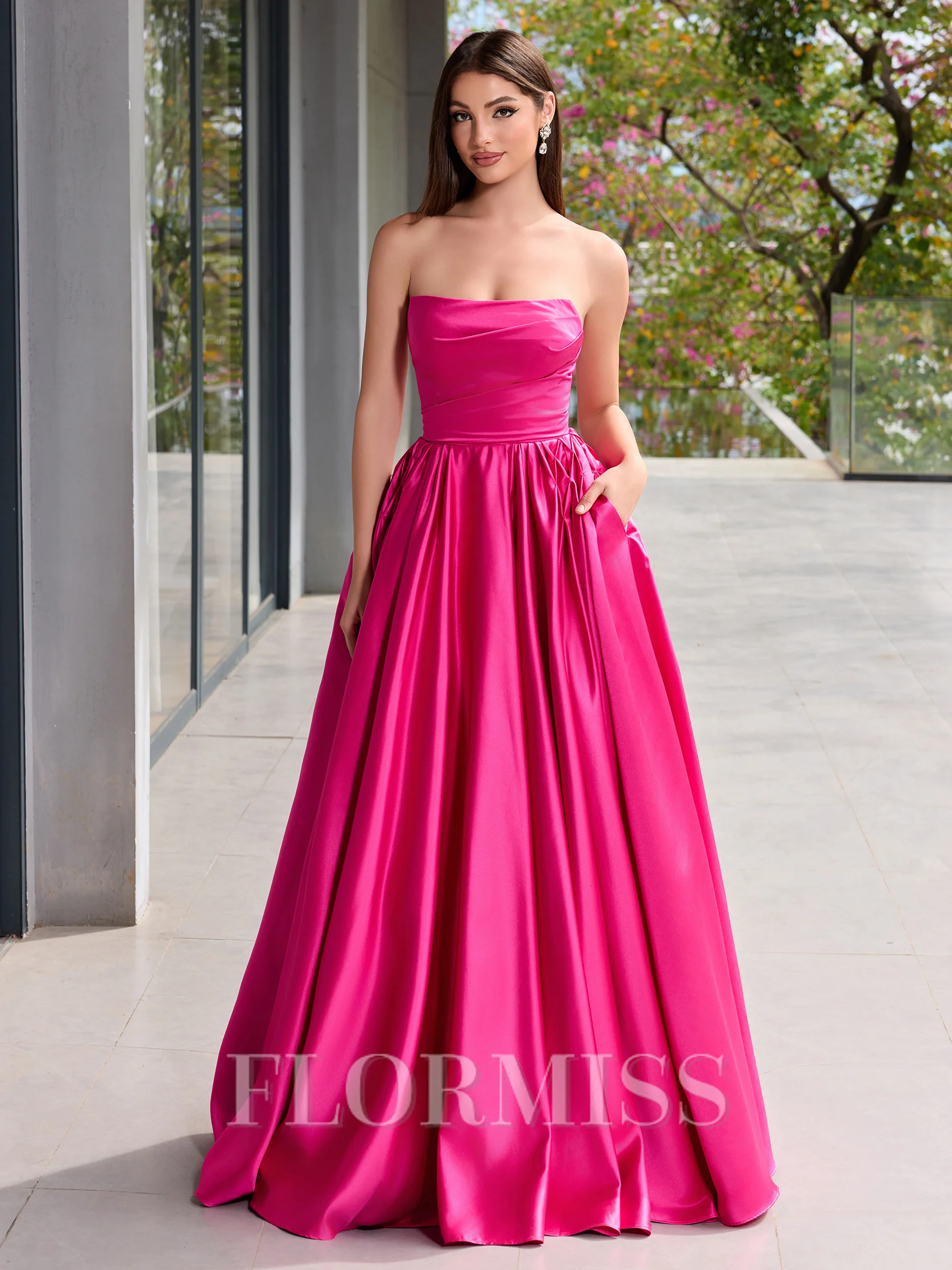 Ball-Gown Straight Ruffles Floor-Length Satin Corset Evening Dress
