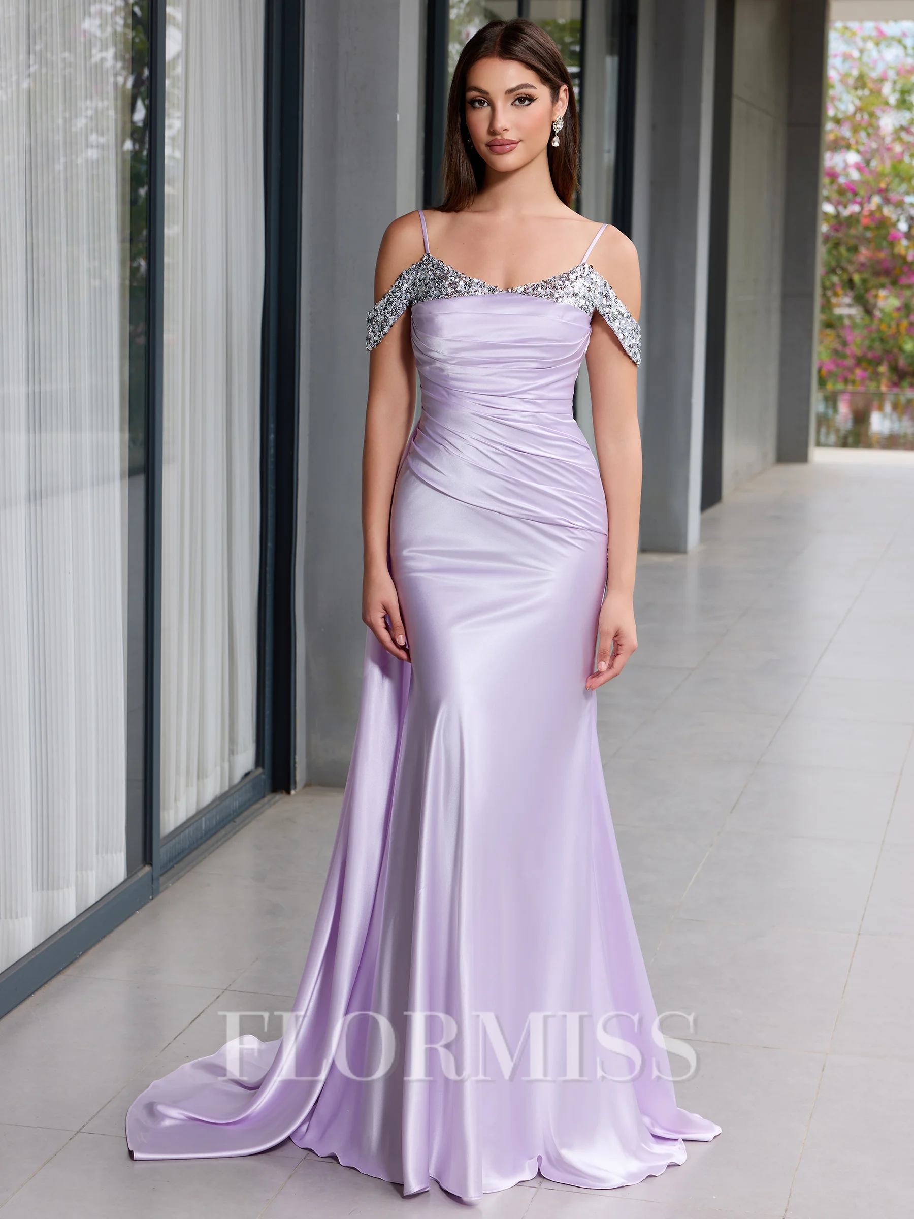 Sheath Cold Shoulder Pleated Sweep Train Silk Like Satin Corset Evening Dress