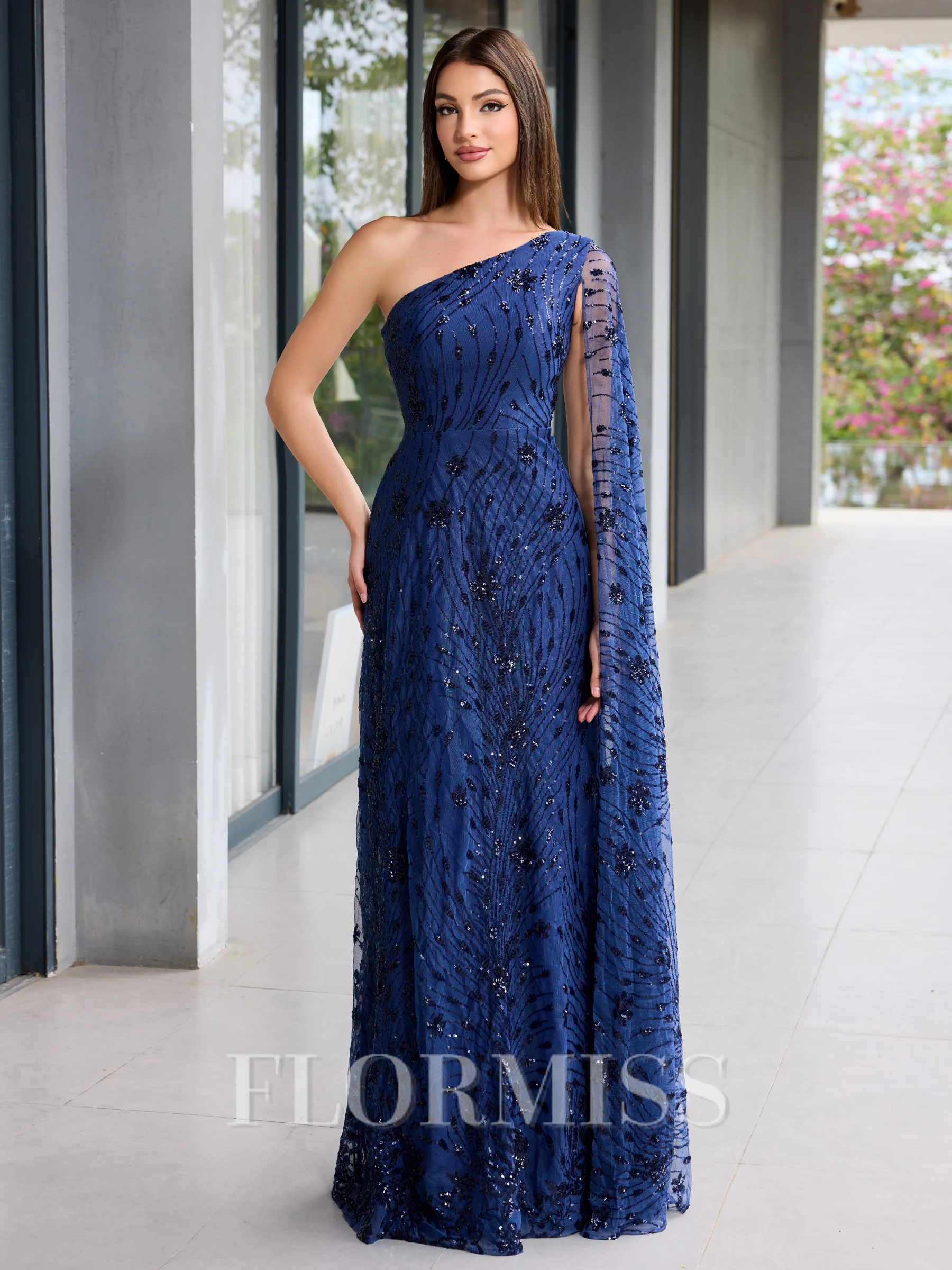 Sheath One-Shoulder Long Sleeves Floor-Length Lace Evening Dress