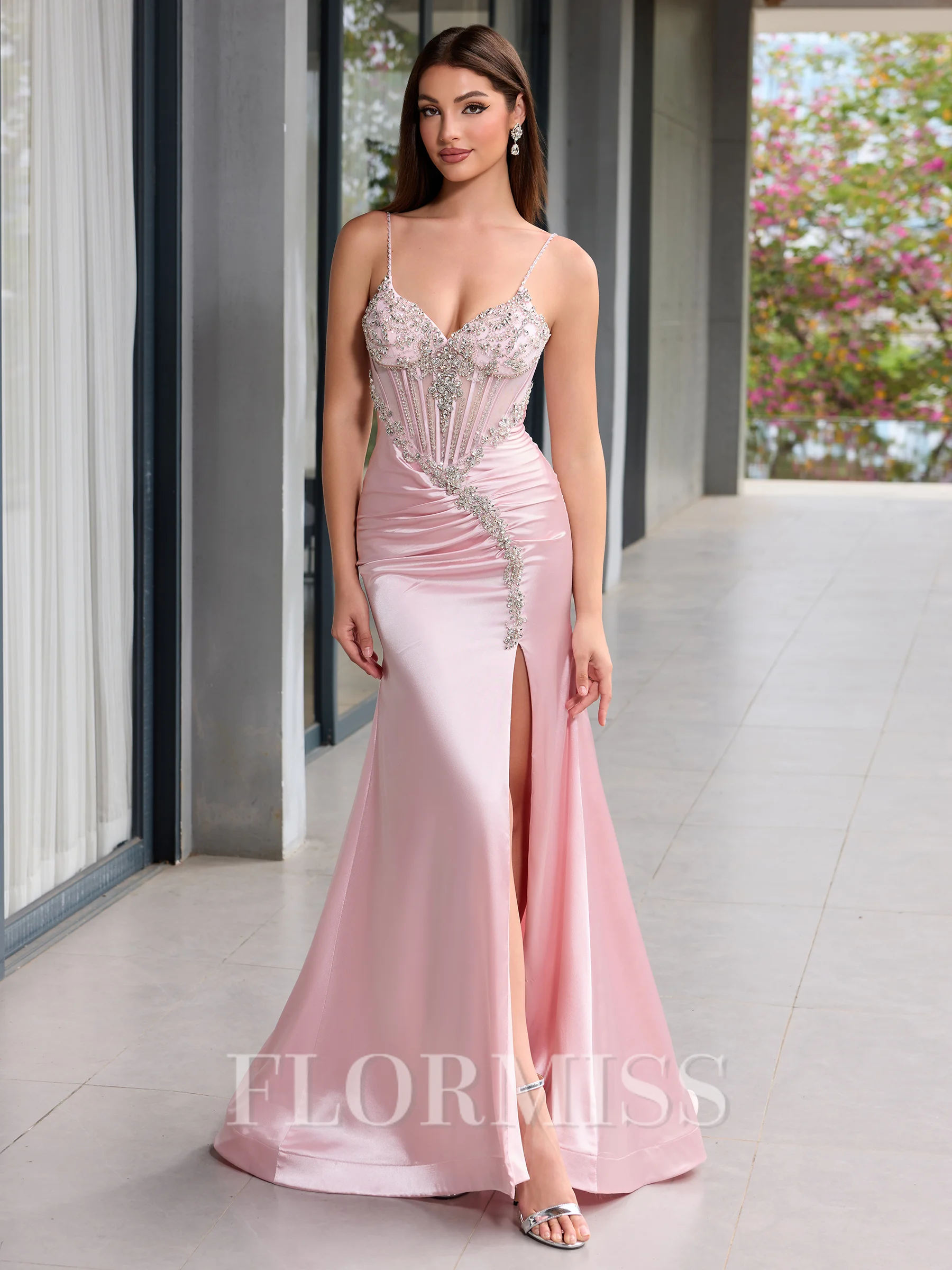 Sheath V-neck Rhinestone Sweep Train Silk Like Satin Corset Evening Dress