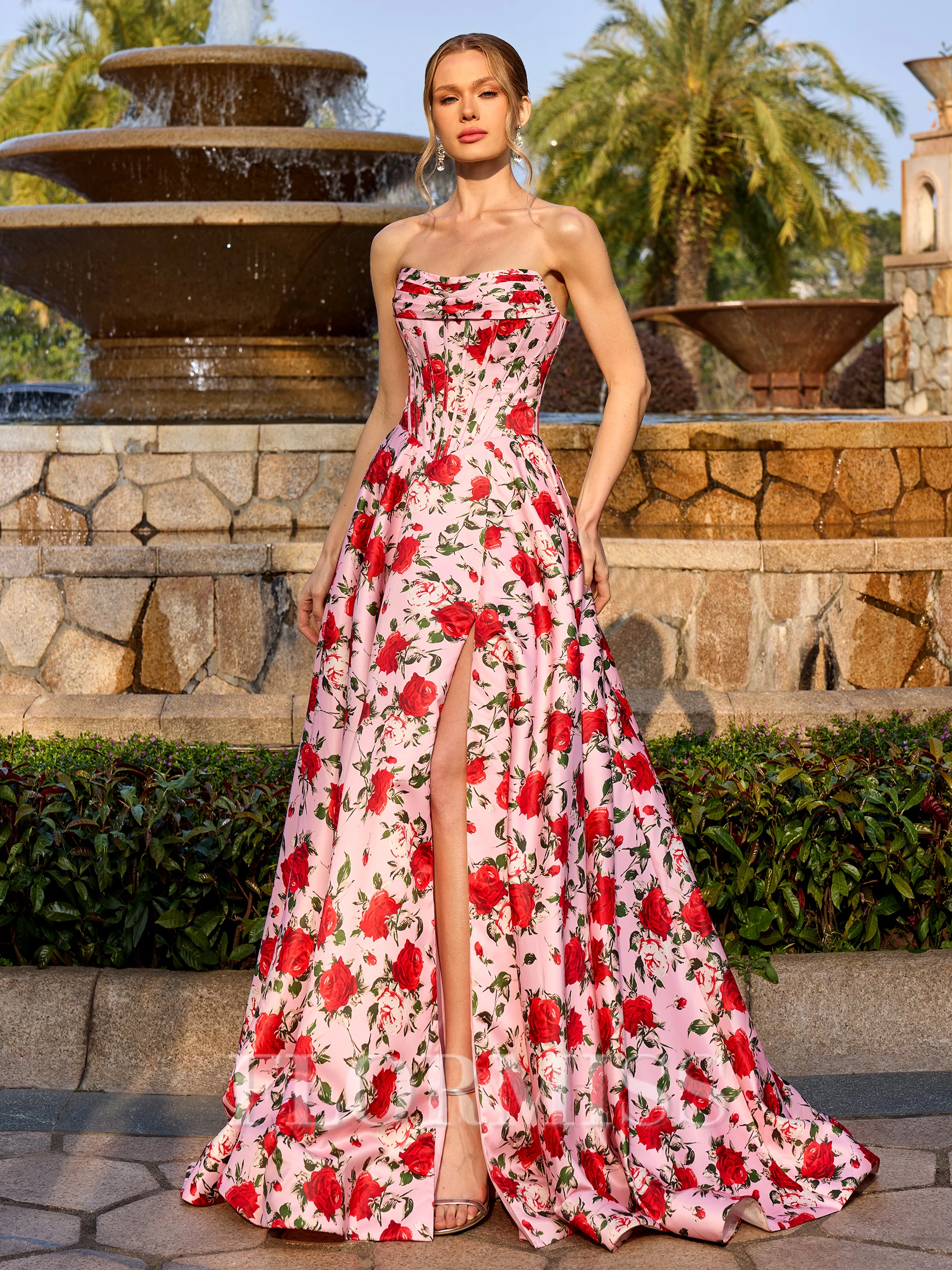 A-line Straight Pleated Sweep Train Corset Prom Dress