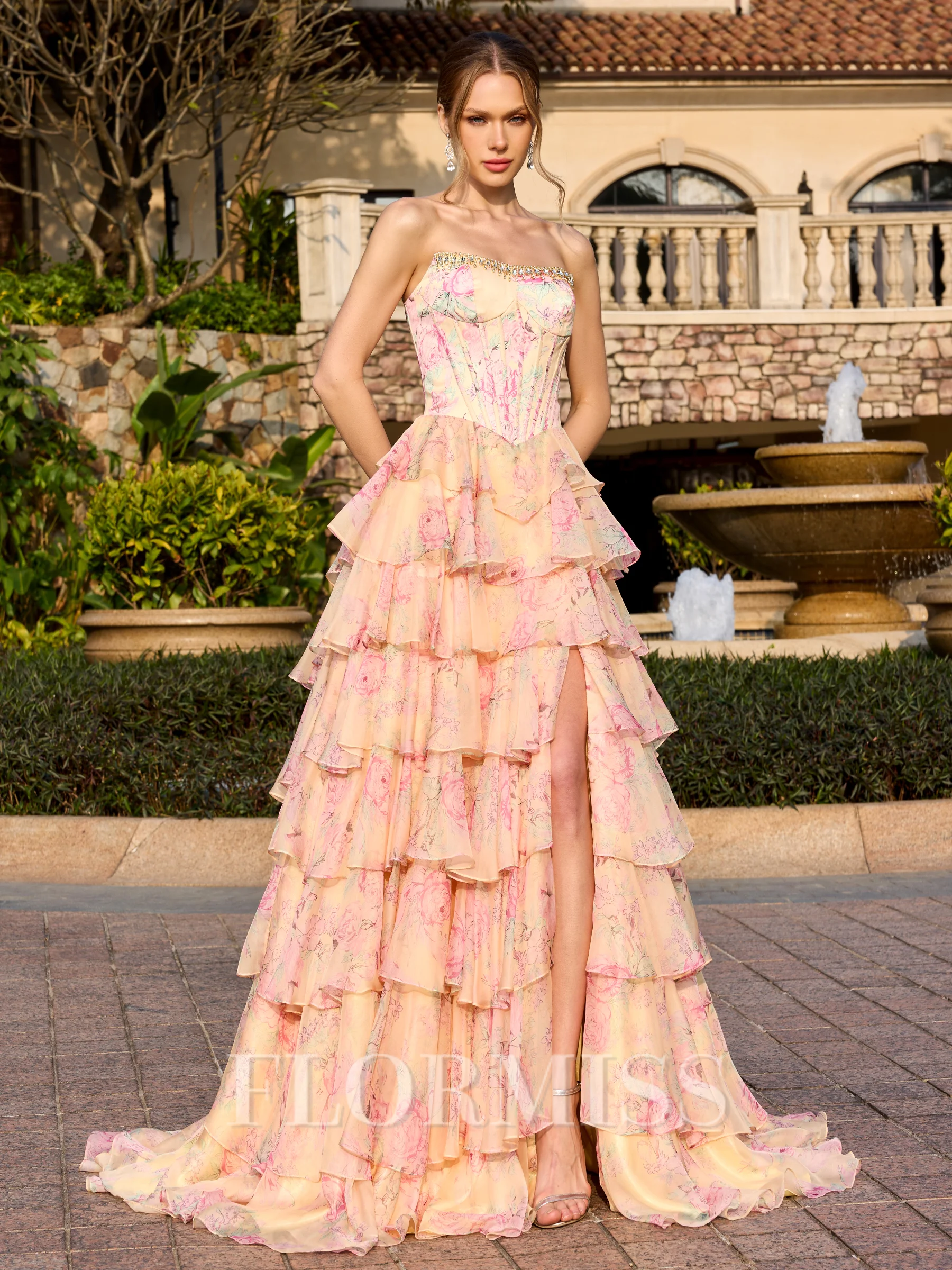 A-line Straight Cascading Ruffles Sweep Train Corset Prom Dress