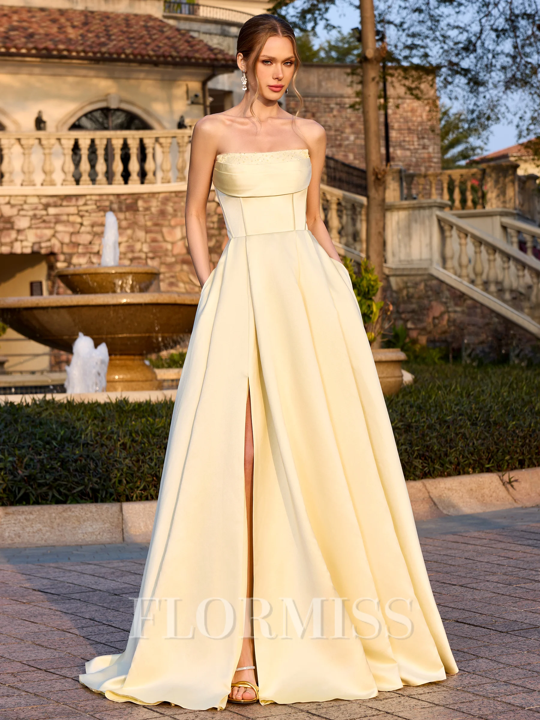 A-line Straight Pleated Floor-Length Satin Corset Prom Dress