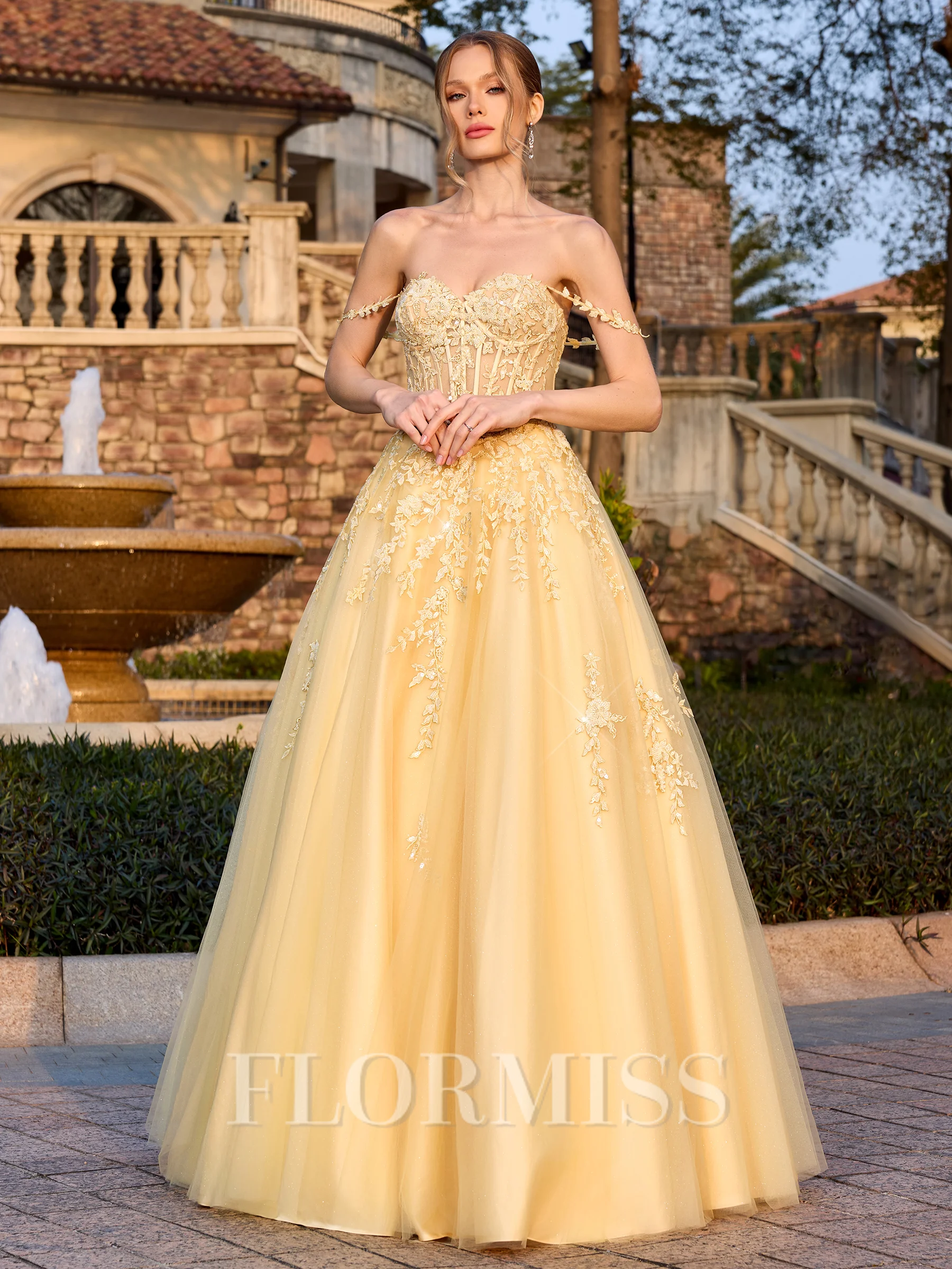 A-line Off-the-Shoulder Appliques Lace Floor-Length Tulle Corset Prom Dress