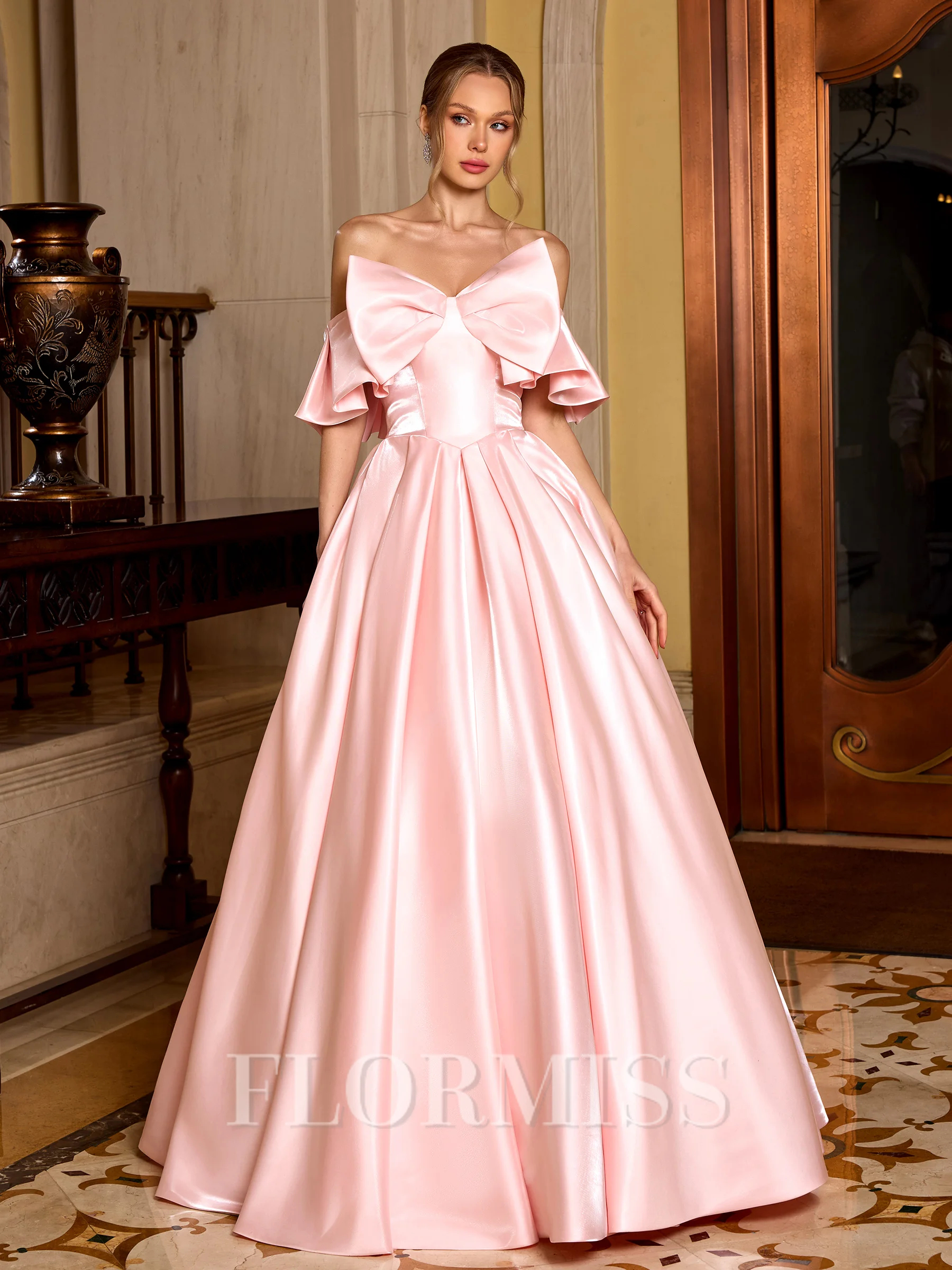Ball-Gown Off-the-Shoulder Bow Floor-Length Corset Prom Dress