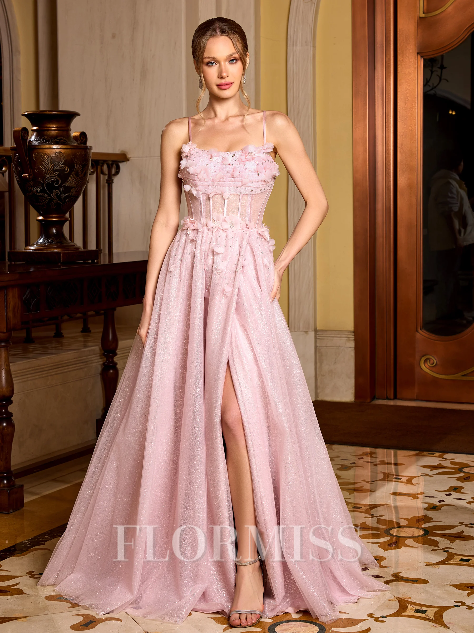 A-line Spaghetti Straps Flower Floor-Length Tulle Corset Prom Dress