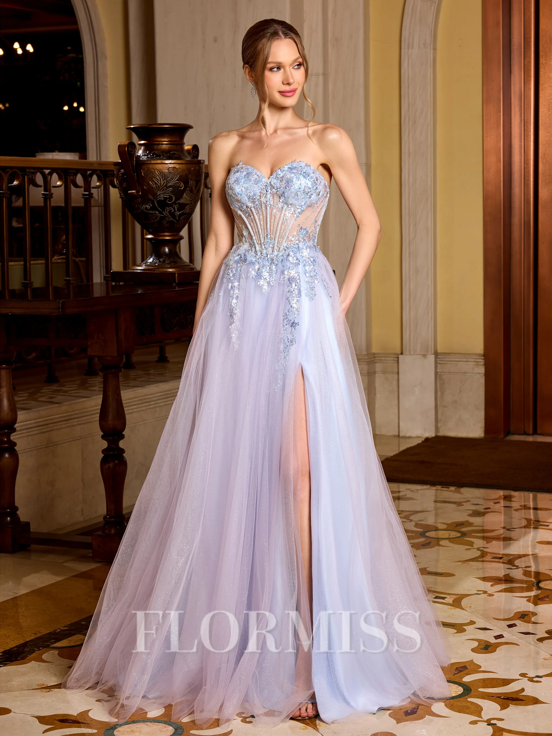 A-line Sweetheart Appliques Lace Floor-Length Tulle Corset Prom Dress