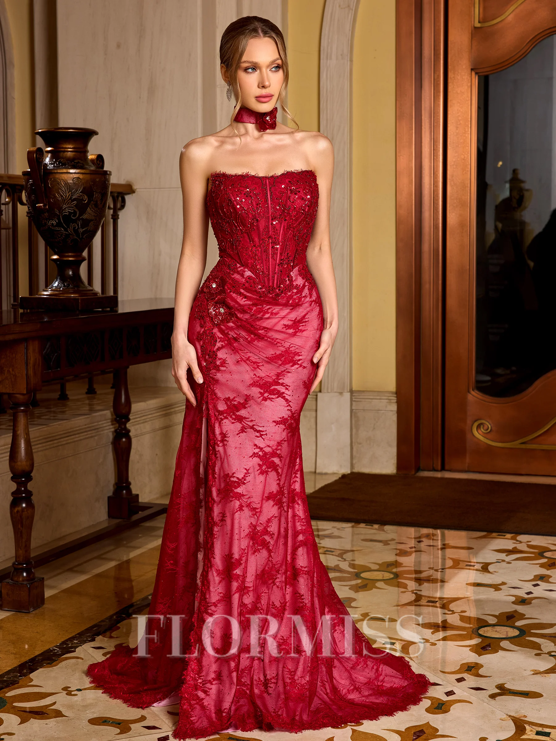 Sheath Straight Flower Sweep Train Lace Corset Prom Dress