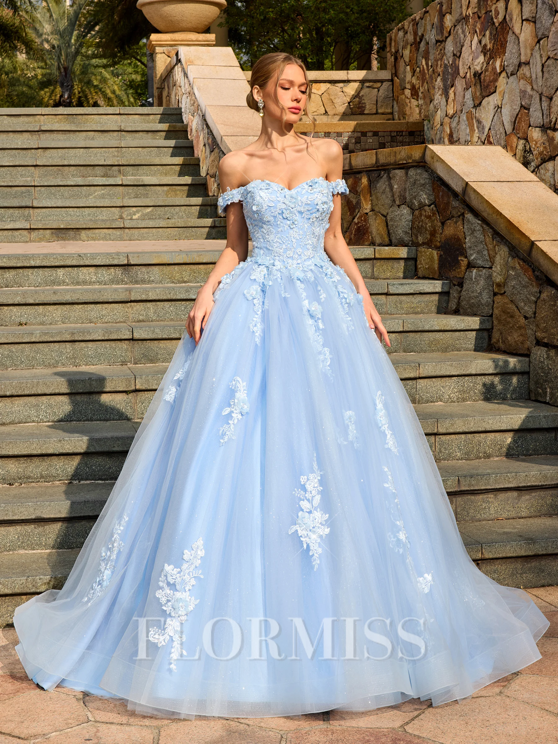 Ball-Gown Off-the-Shoulder Appliques Lace Sweep Train Tulle Corset Prom Dress