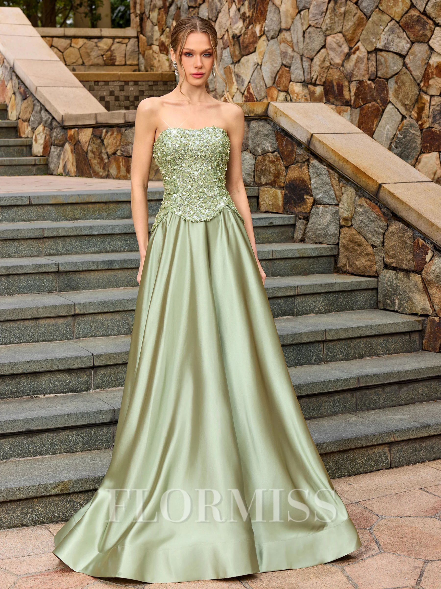 A-line Straight Sequin Floor-Length Silk Like Satin Corset Prom Dress