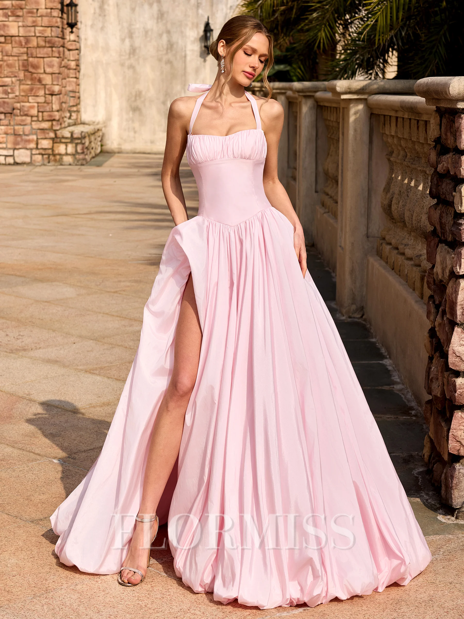 A-line Halter Pleated Floor-Length Taffeta Corset Prom Dress